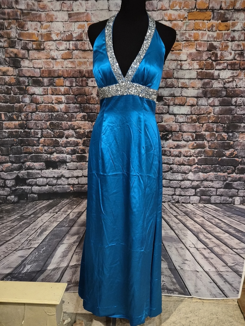 Sean Collection Teal Halter Prom Gown with Silver Sequin Trim